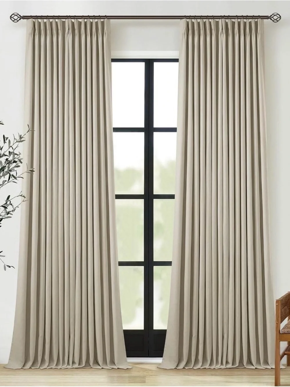New Burlywood Birch Pinch Pleated 105 Inch Linen Blackout Curtains 2 Panels
